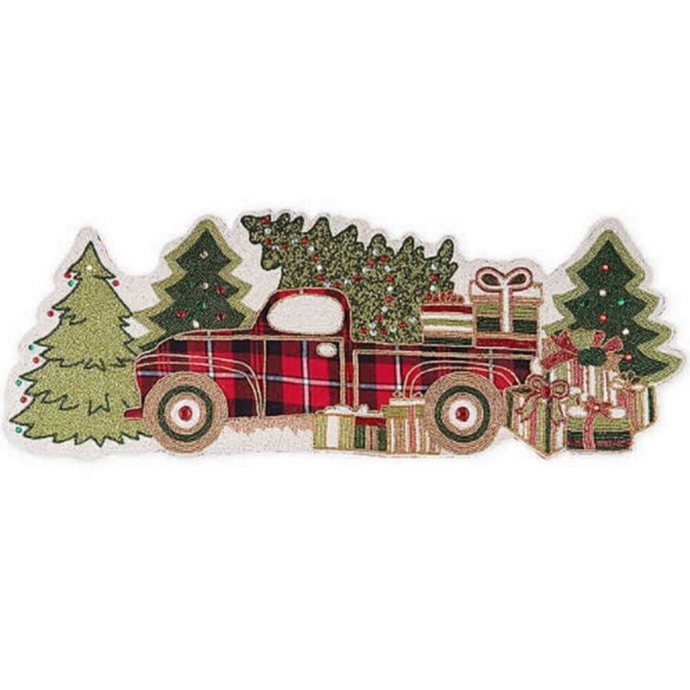 Christmas Beaded Table Runner Buffalo Red Plaid Farm Truck Lodge Farm Rustic 35"